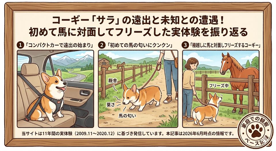 車で遠出した先での未知との遭遇｜柵越しに馬を見たサラがフリーズした日