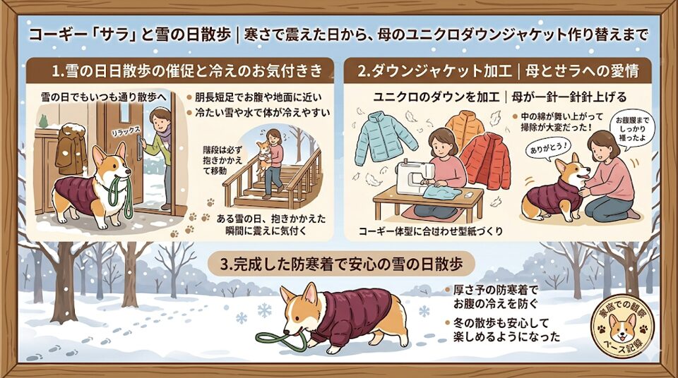 雪の日の散歩｜サラが風邪を引かないようにユニクロのダウンジャケットを作り変えた