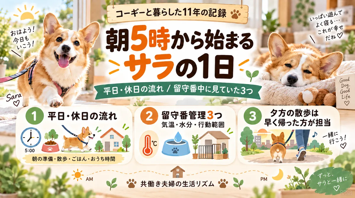 朝5時から始まるサラの1日｜平日・休日の流れと、留守番中に見ていた3つ（気温・水分・行動範囲）を描いたイラスト