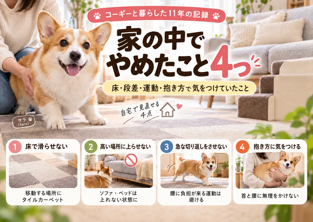 家の中でやめたこと4つ｜床はタイルカーペット、ソファ・ベッドは上れない状態に、腰に負担が来る運動は避ける、抱き方は首と腰に無理をかけない、を並べたイラスト